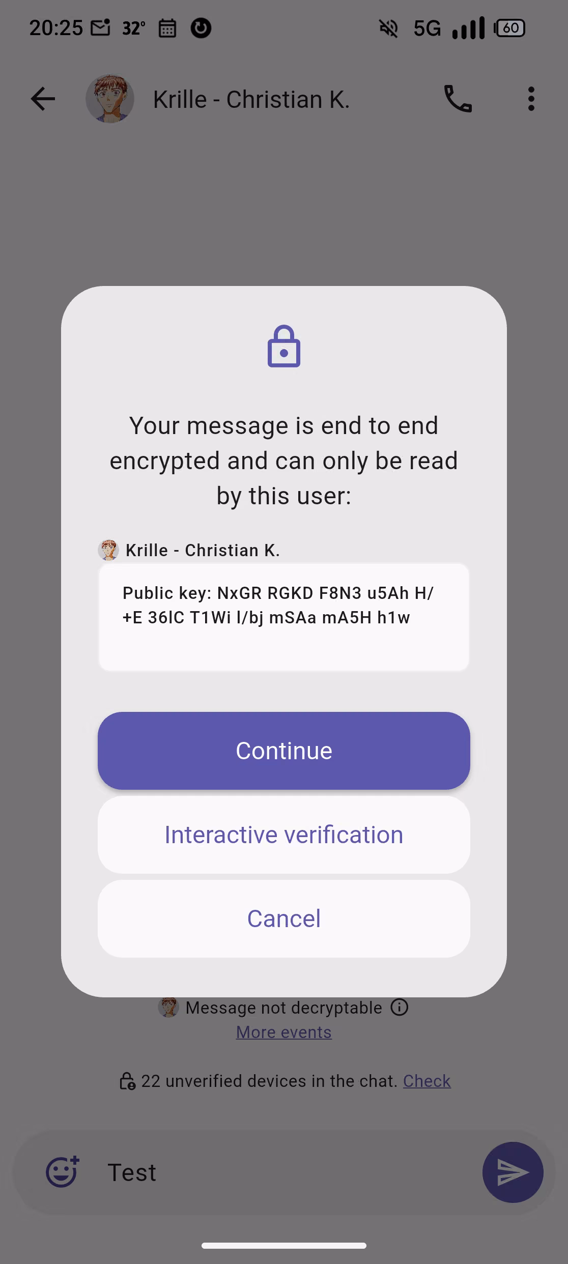A screenshot of FluffyChat's UI with a pop up warning the user that their message will be end to end encrypted.