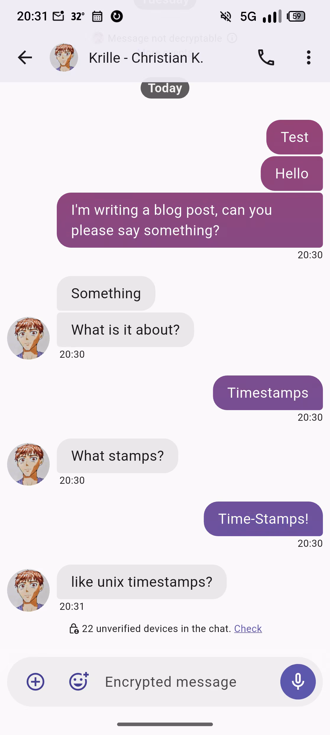 A screenshot of FluffyChat's timeline sporting timestamps.