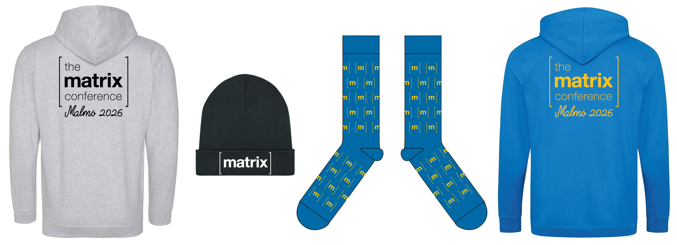 Matrix Conf Merchandise preview showing a grey hoodie, a black beanie, and blue and yellow coloured socks and hoodie
