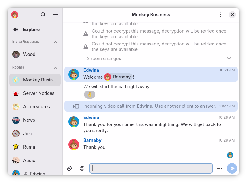 A screenshot of the matrix client Fractal. A call is placed, but Fractal doesn't support it, so it displays a message in the timeline to say a call is happening and that the user should user another client.